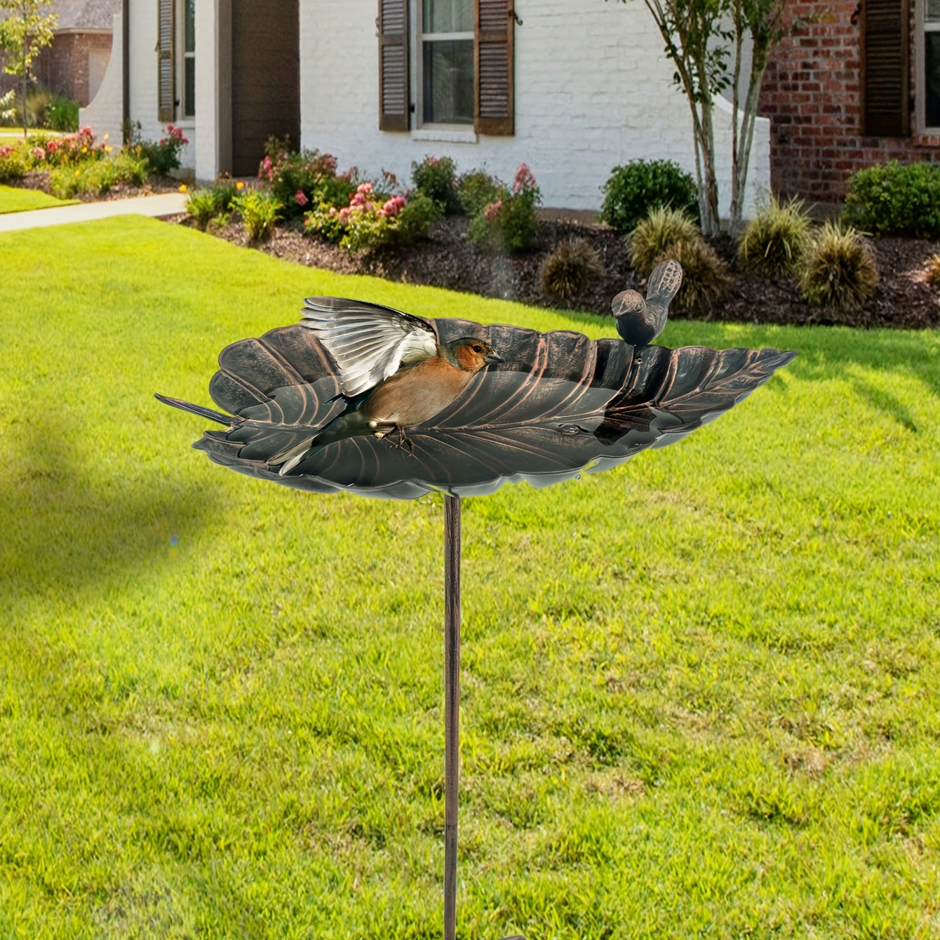 20-Inch Copper-Look Leaf Bird Bath with Bird Accent and Two-Prong Garden Stake for Yard and Lawn