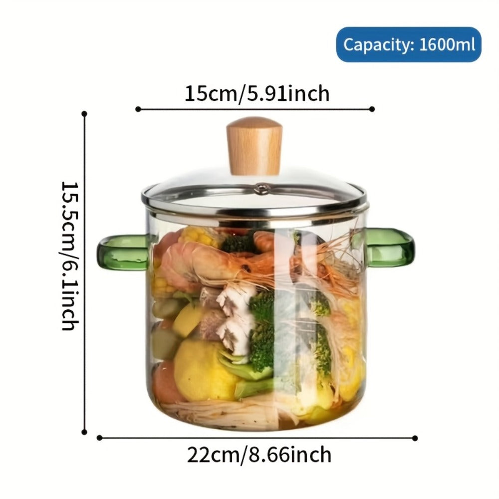 1.6L Transparent Glass Cooking Pot with Lid and Green or Yellow Side Handles for Soup, Noodles and Milk