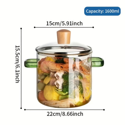 1.6L Transparent Glass Cooking Pot with Lid and Green or Yellow Side Handles for Soup, Noodles and Milk