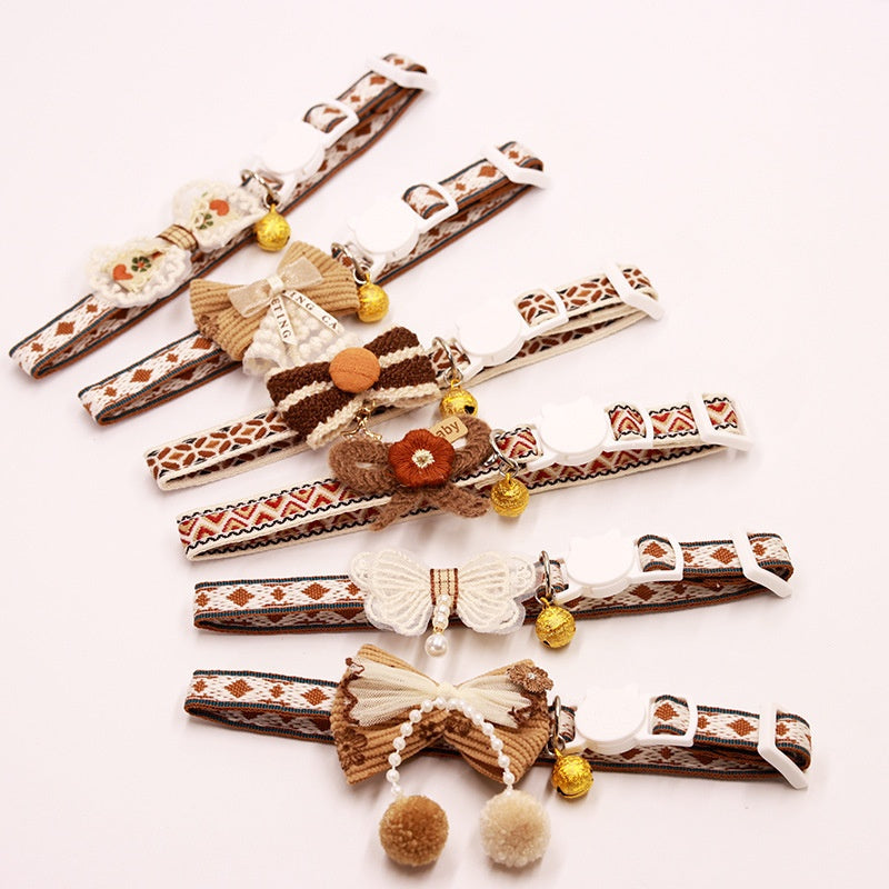 Cat Collar Set 6 Pack Decorative with Bow Lace Bells & Hanging Beads, Safety Breakaway Buckle Anti-Choke Cat Necklace Collar