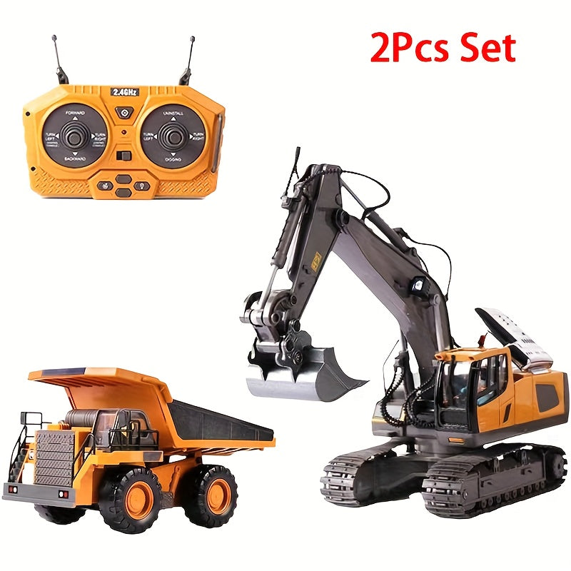 Remote Control Excavator Toy Set for Kids with Metal Shovel Bucket LED Lights & 1200mAh Rechargeable Battery