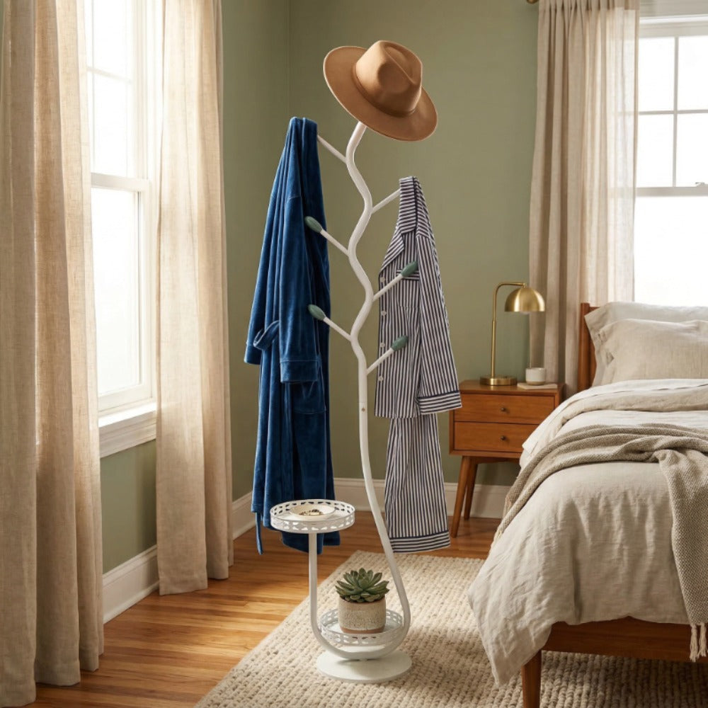 Clothing Rack with Shelf Freestanding Metal Garment Rack - Standalone Vertical Clothes Organizer with Coat Hat Hooks