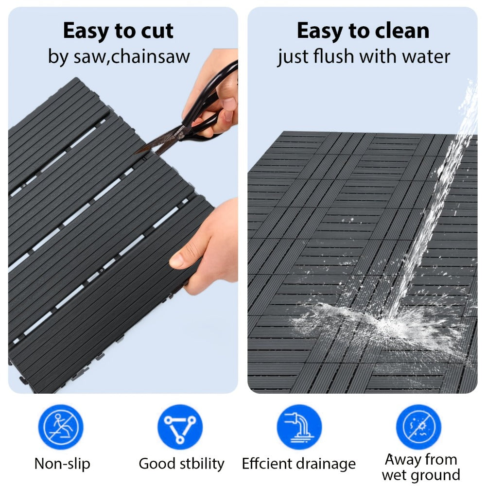 Gray 44-Piece Interlocking Deck Tile Set with 12-Inch Square Parallel-Slat Drainage Pattern
