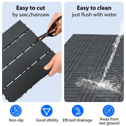 Gray 44-Piece Interlocking Deck Tile Set with 12-Inch Square Parallel-Slat Drainage Pattern