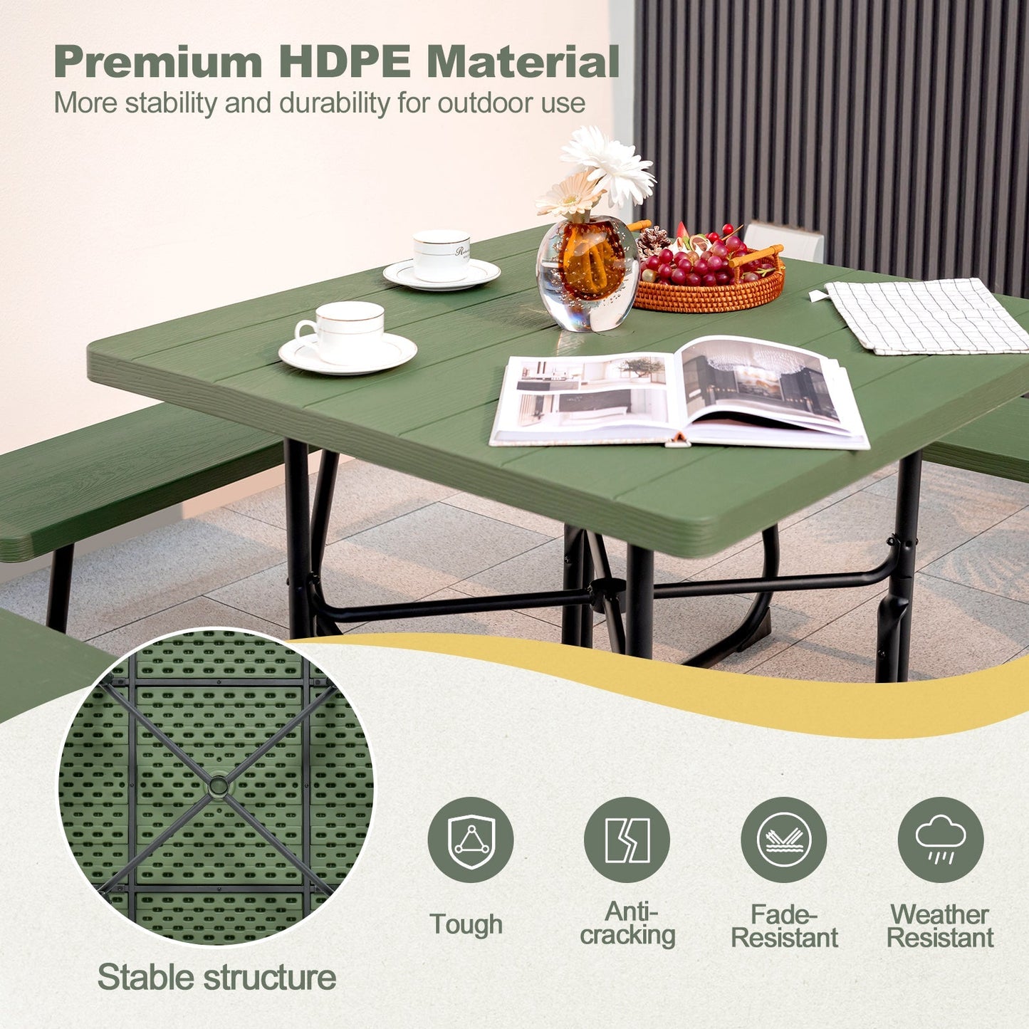 Outdoor Picnic Table 8-Person, Square HDPE Table with 4 Built-in Benches, Umbrella Hole, Metal Frame