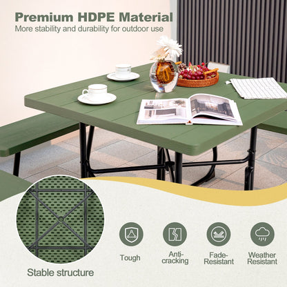 Outdoor Picnic Table 8-Person, Square HDPE Table with 4 Built-in Benches, Umbrella Hole, Metal Frame
