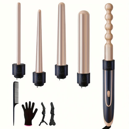 5-in-1 Curling Wand Set Ceramic Interchangeable Barrels 0.4-1.25 Inch – 30s Fast Heat, for Home, Travel and Salon Hair Styling