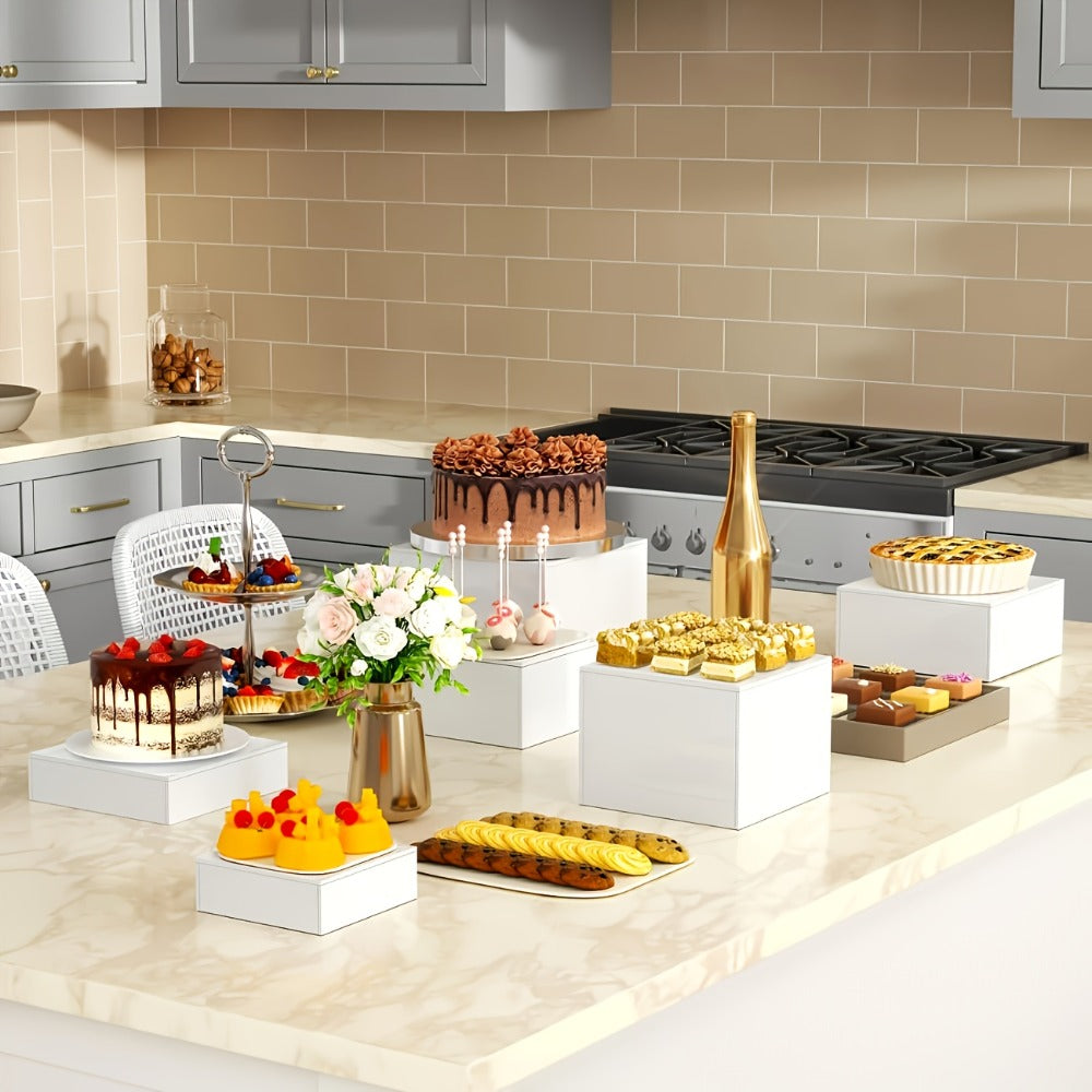 Display Stands 6pcs Five-Sided Square Buffet Risers – White Transparent Dessert Cake Display Storage Rack for Party Wedding Catering Retail