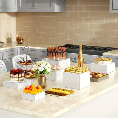 Display Stands 6pcs Five-Sided Square Buffet Risers – White Transparent Dessert Cake Display Storage Rack for Party Wedding Catering Retail