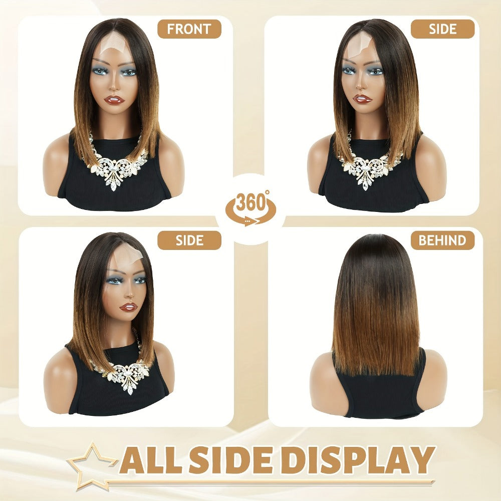 Synthetic Wig 13x2 U-Part Lace Front Straight Bob, 12-Inch Ombre Black-Brown for Daily Styling