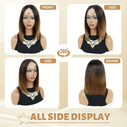 Synthetic Wig 13x2 U-Part Lace Front Straight Bob, 12-Inch Ombre Black-Brown for Daily Styling