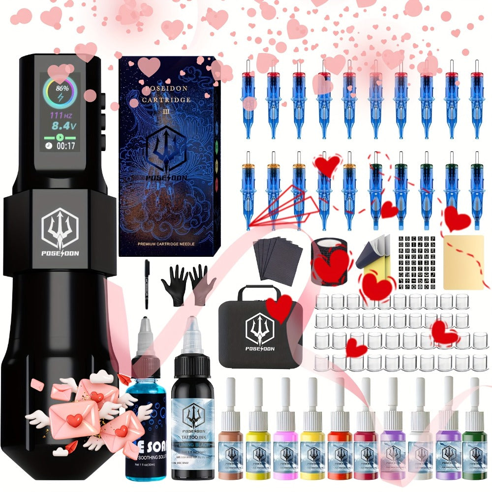 Professional Tattoo Machine Kit Wireless with LED Display - LTK08 Rotary Pen 20 Needles for Temporary Body Art, Festivals and Costumes