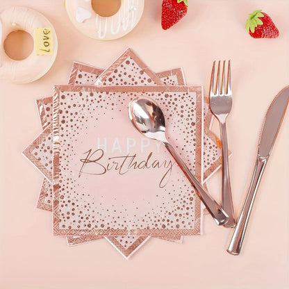Birthday Party Plates and Napkins Set 175pcs Pink Rose Gold Disposable Tableware Forks Knives for Entryways, Bedrooms and Living Spaces