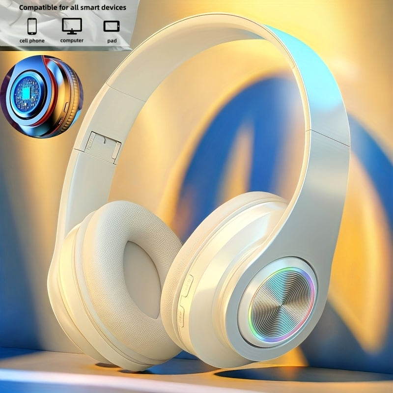LED Light Over-Ear Wireless Headphones Deep Bass Subwoofer, Active Noise Cancelling Foldable Headset Bluetooth 5.3