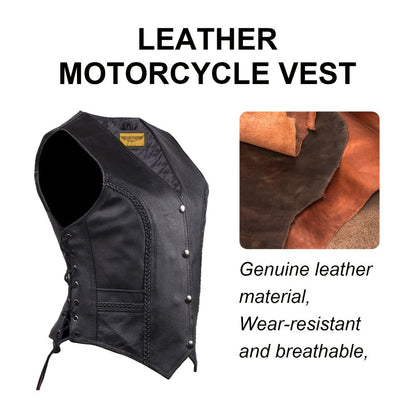 Women's Leather Motorcycle Vest – Concealed Carry Pockets, Lace-Up Sides, Metal Eyelet Accents, Adjustable Straps, Edgy Biker Style, Black