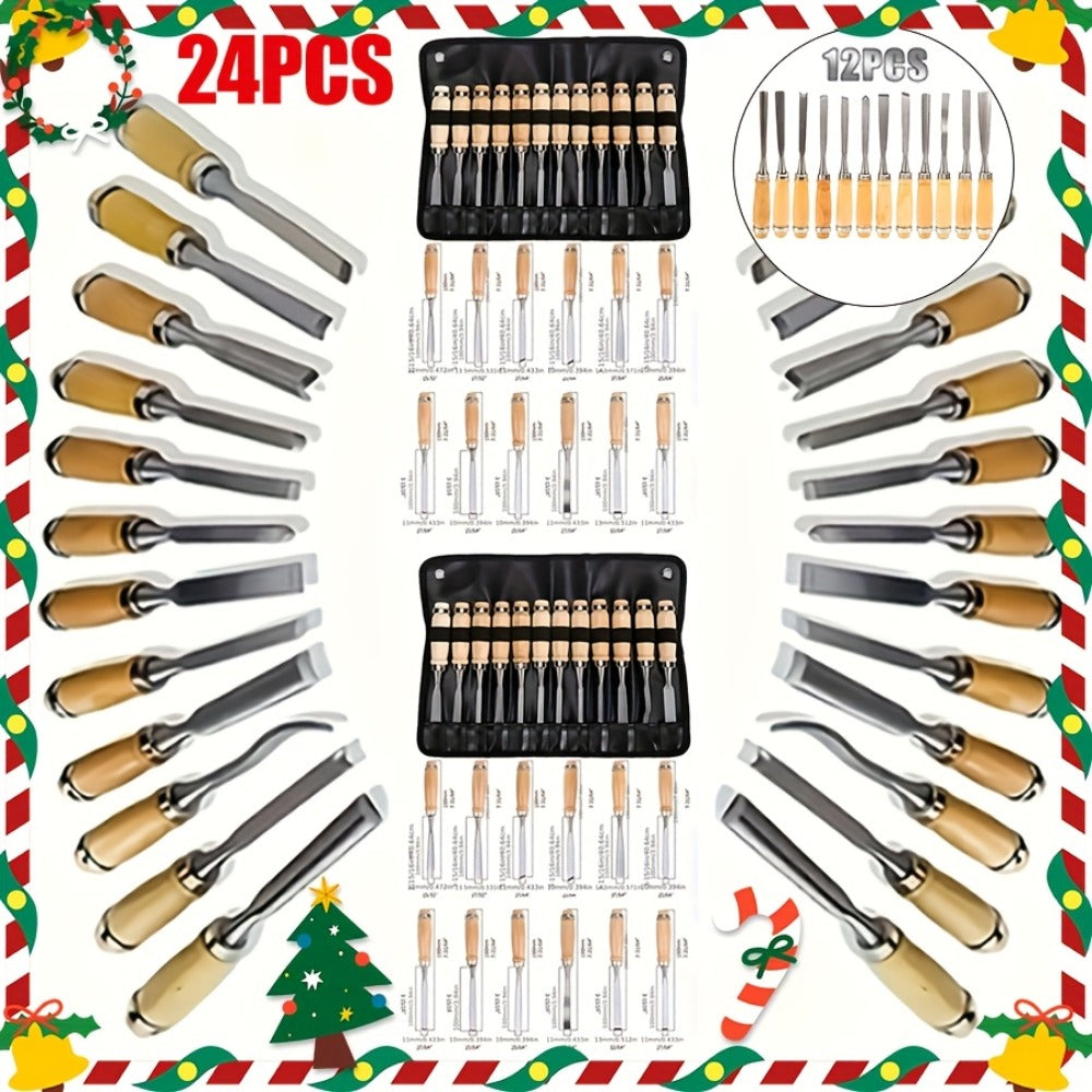 Wood Carving Chisel Set 12 & 24-Piece, Professional Beech Wood Handle Woodworking Chisels for Entryways, Bedrooms and Living Spaces