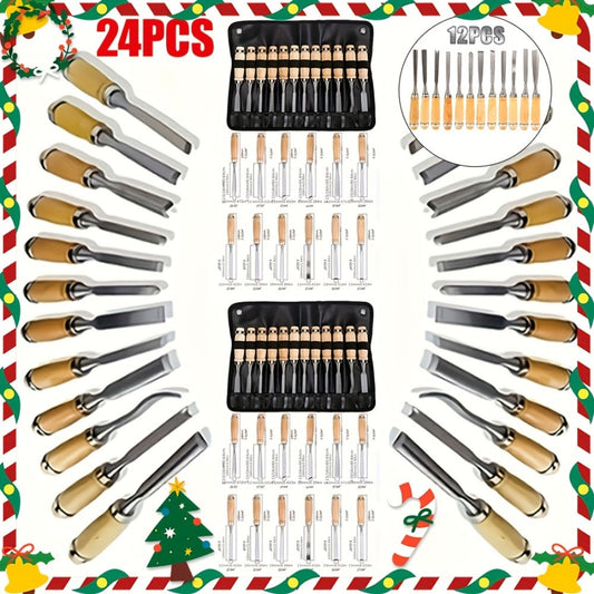 Wood Carving Chisel Set 12 & 24-Piece, Professional Beech Wood Handle Woodworking Chisels for Entryways, Bedrooms and Living Spaces