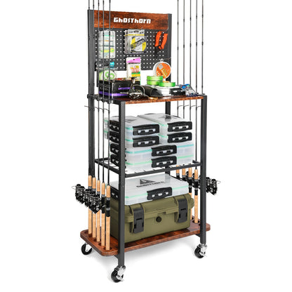 Fishing Rod Holder Rack for Garage Holds Up to 10 Rods Iron Construction with Pegboard Hooks Rolling Wheels Fishing Pole Storage Organizer
