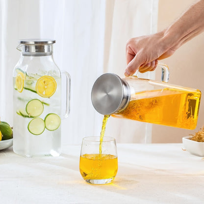 Glass Pitcher with Lid & Handle 2L 68oz, Square Borosilicate Water Jug, Heat Resistant Carafe for Fridge