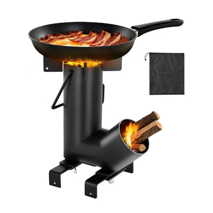 Black Wood-Burning Rocket Camping Stove with Cast-Iron Cooktop, Storage Bag and 12.96-Pound Weight
