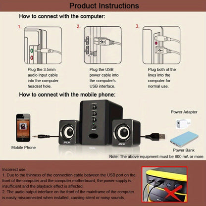 2.1 Mini Desktop Speaker System USB Powered with Independent Treble Bass Control for Bedside Audio, Alarms and Room Entertainment