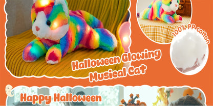 Plush Toy Rainbow Cat with LED Glow and Optional Music for Colorful Kawaii Room Display and Gifting