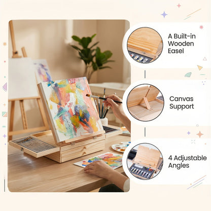 85-Piece Mixed-Media Art Set with Wooden Tabletop Easel, Paints, Pencils, Brushes and Paper Pads