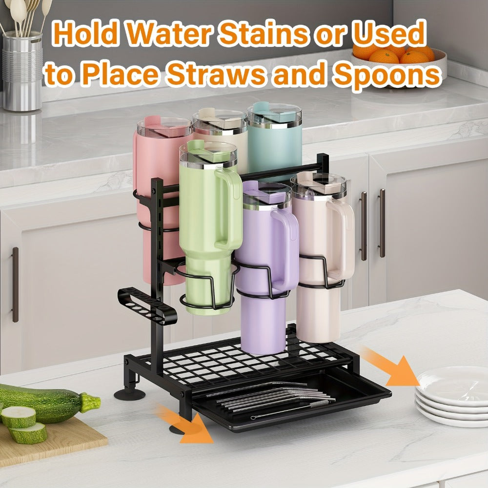 Cup Holder Rack 6-Grid Cast Iron Water Bottle Organizer for Kitchen Cabinet | Adjustable Height Drinkware Storage Rack Holds 40oz Cups Mugs