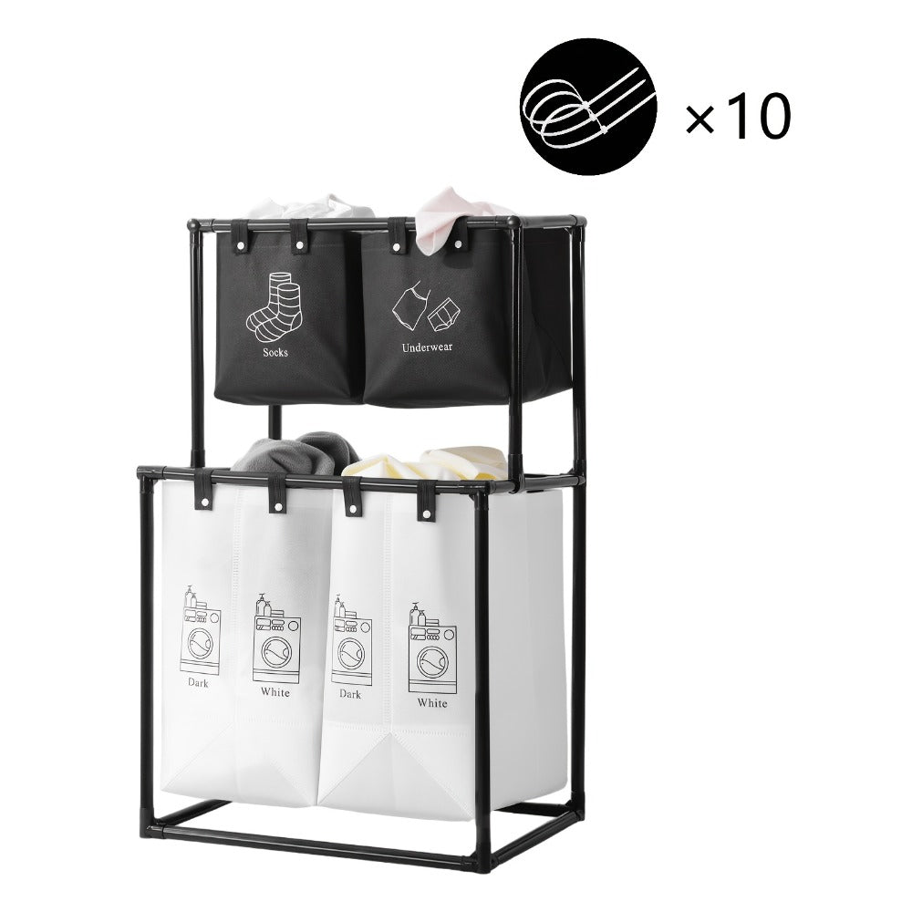 Laundry Sorter 2 Compartment Hamper – 2-Tier Metal Frame Laundry Hamper with Handles, Breathable Mesh Bags & Cable Ties