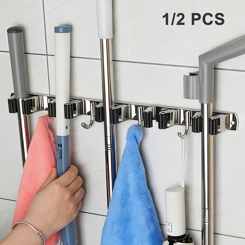 Mop and Broom Holder Wall Mount, Stainless Steel Self Adhesive Rack with 5 Slots & 4 Hooks
