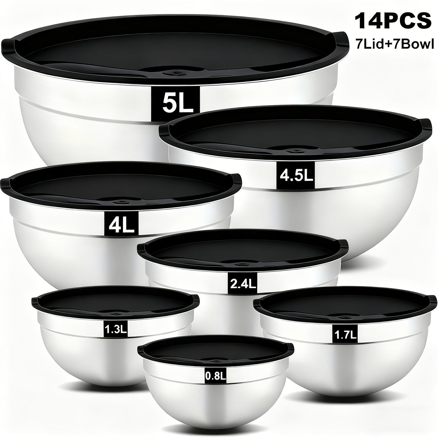 Stainless Steel Mixing Bowls with Airtight Lids Set of 14 Seven Nesting Bowls 0.7 to 4.5QT for Home Cooking, Dining and Outdoor Meals