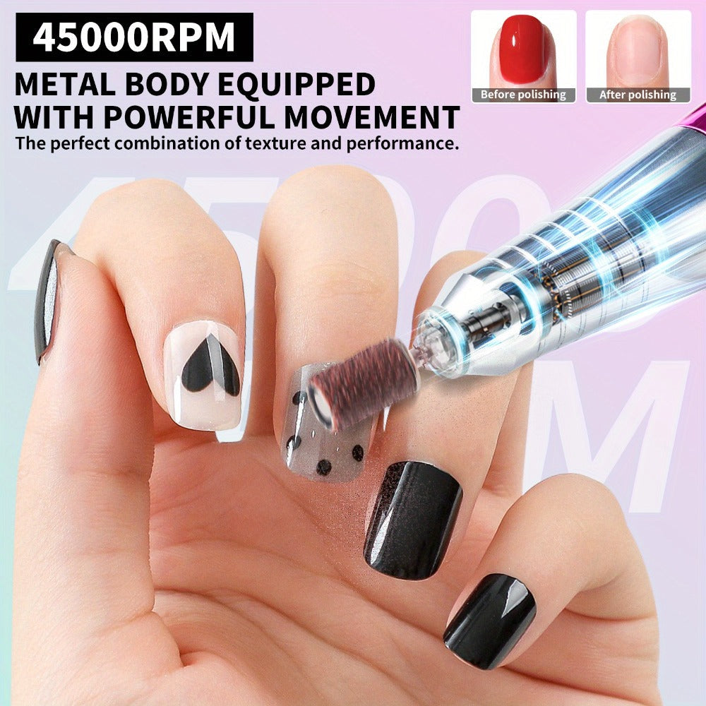 Electric Nail Drill 45000 RPM Cordless Kit with Charging Base, Display and Four Color Options