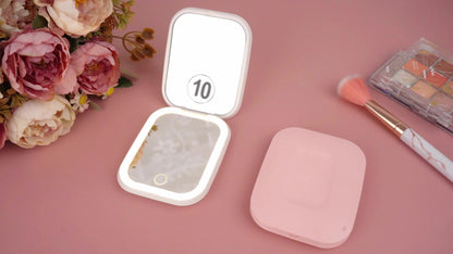 Rechargeable Pink or White LED Compact Mirror with 1X and 10X Views, Three Light Modes and Touch Dimming