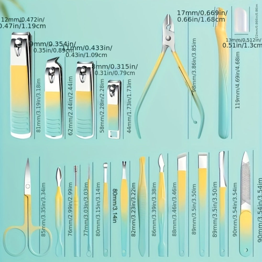 Eighteen-Piece Manicure and Pedicure Kit with Gradient Case, Clippers, Scissors, Files and Pushers