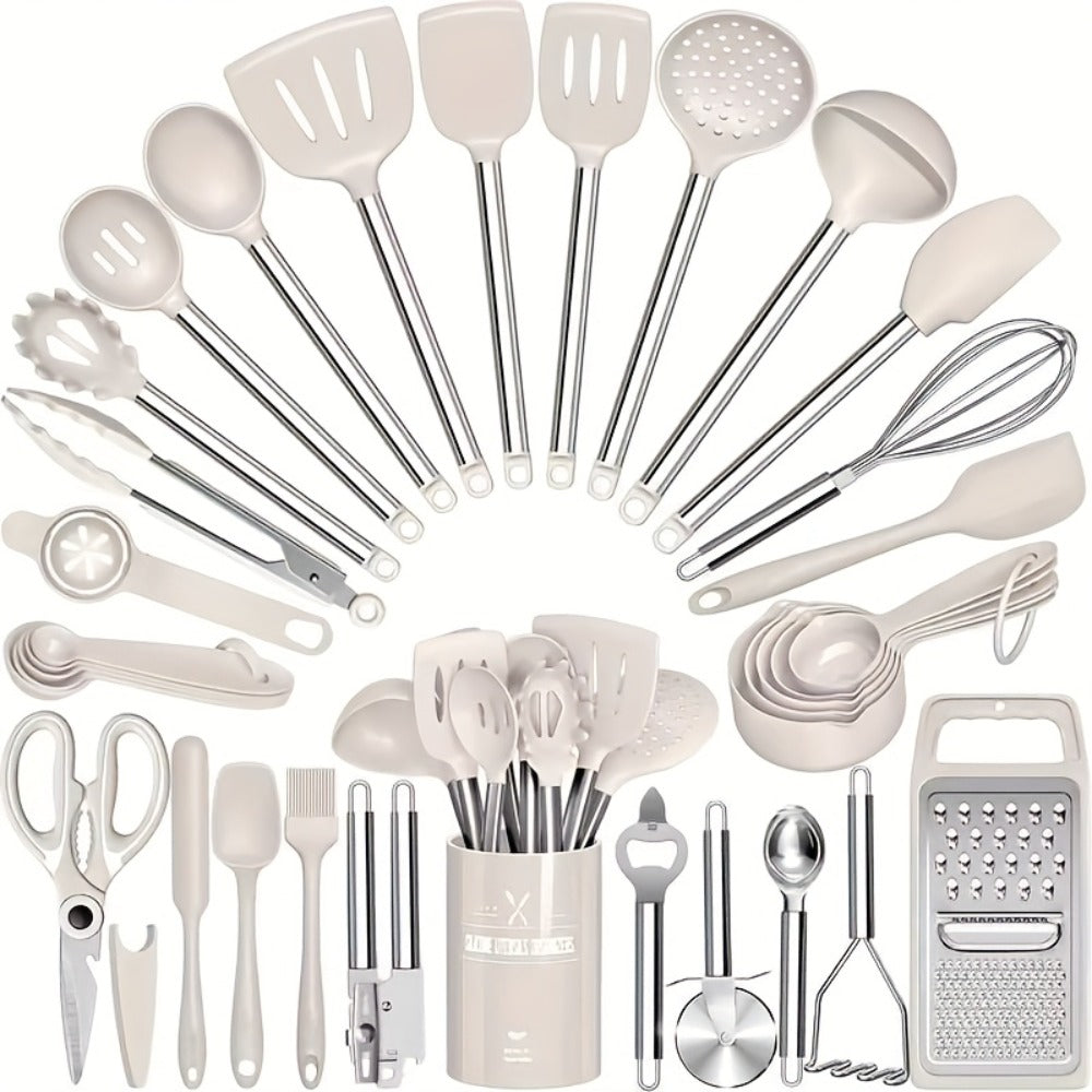 Kitchen Utensils 34-Piece Silicone and Stainless Steel Handle Set with Holder in Four Colors