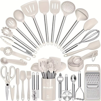 Kitchen Utensils 34-Piece Silicone and Stainless Steel Handle Set with Holder in Four Colors