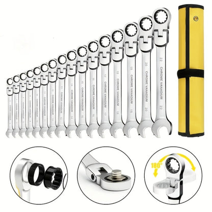 Six-Piece Metric Double-Ended Ratcheting Wrench Set with Flexible Heads, 6–10 mm Sizes and Roll Pouch