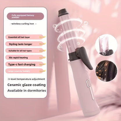 Cordless Mini Curling Iron Wireless Rechargeable Portable Hair Curler, Ceramic Barrel for Airy Bangs