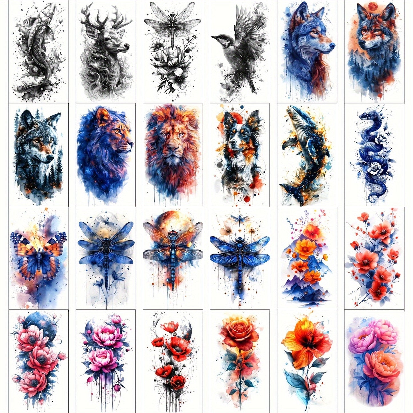 24-Sheet Watercolor Temporary Tattoo Set with Floral, Animal and Abstract Designs in 21 x 12 cm Format