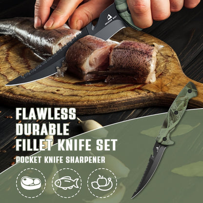 Four-Piece Fillet Knife Set with 5-, 6-, 7- and 9-Inch Labels, Zip Storage Bag and Pocket Sharpener