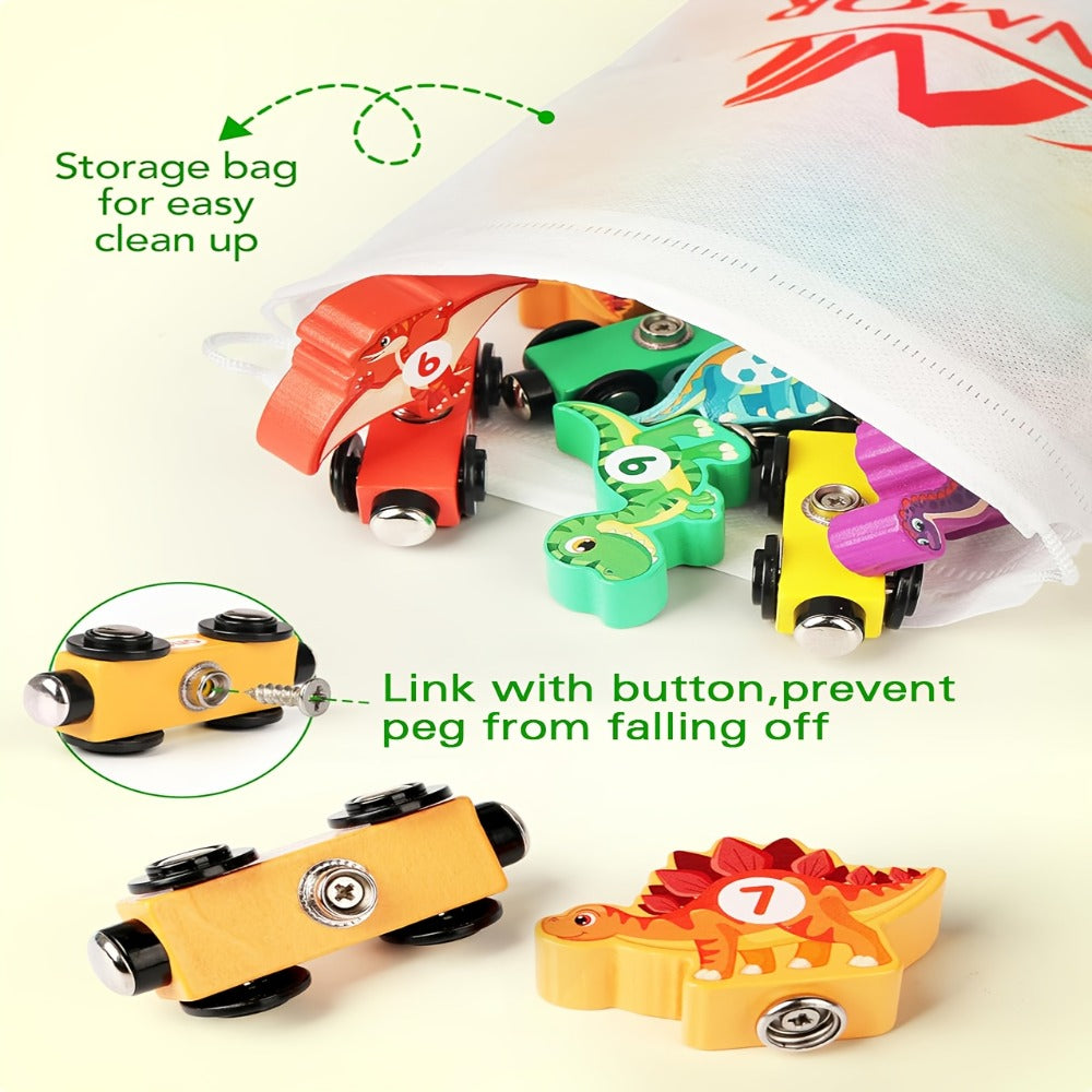 Magnetic Dinosaur Number Train Set for Kids Ages 3-5, 11PCS Wooden Magnetic Train Toy with Engine & Numbered Cars