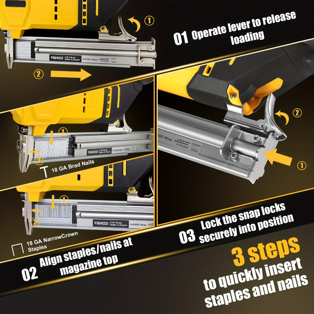 Cordless Brad Nailer and Stapler 2-in-1 Compatible with DEWALT 20V MAX Battery, Brushless Motor, Safety Lock