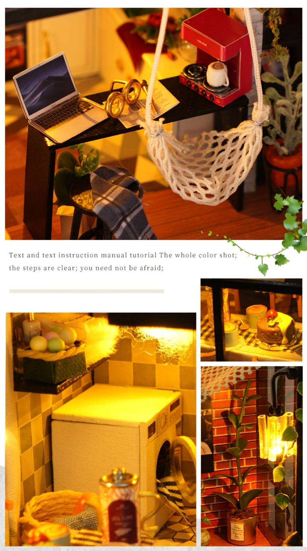 DIY Dollhouse Kit 2 Story with Dust Cover, Handmade Miniature House Model with Furniture Parts, No Glue No Batteries