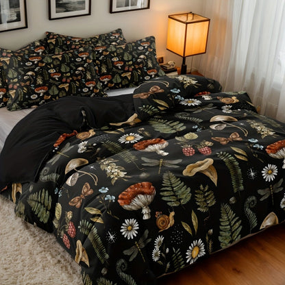 3-Piece Duvet Cover Set with Forest Mushroom and Leaf Print, Zipper Closure and Twin to King Sizes