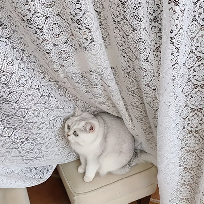 White French-Style Lace Sheer Curtain Panel with Rod-Pocket Header and Three Length Options