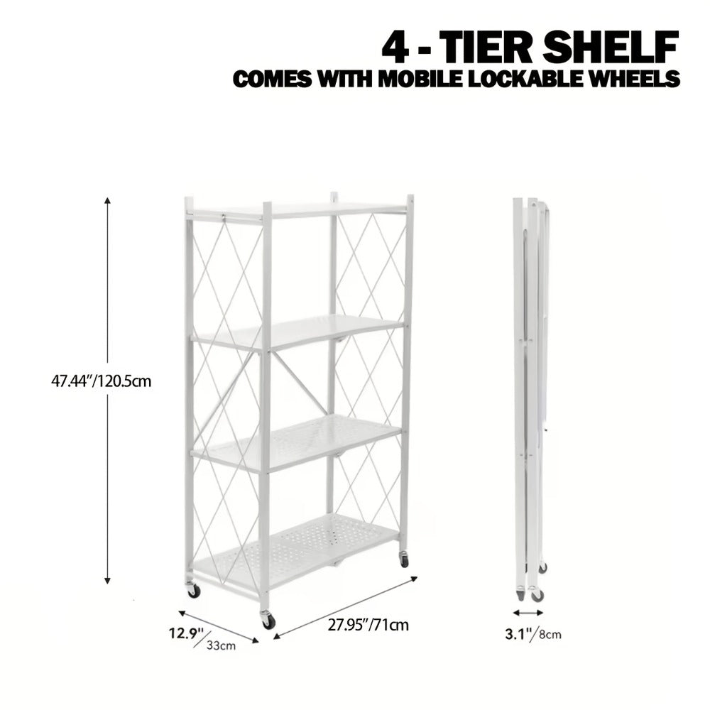 Three-to-Five-Tier Foldable Storage Rack with Carbon Steel Frame, Lockable Wheels and Three Colors