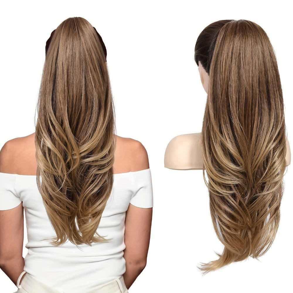 Drawstring Ponytail Extension for Women Long Wavy Layered Wrap Around Clip In Synthetic Pony Tail 26 Inch No Glue No Heat Blonde Brown Ash