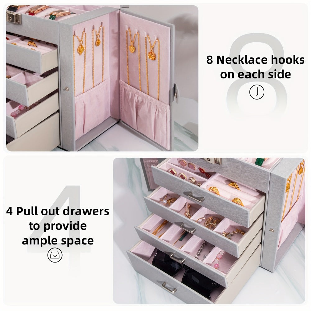 Jewelry Box, Five-Tier PU-Leather Organizer with Built-In Mirror, Key Lock and Three Color Options