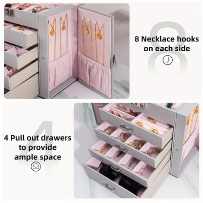 Jewelry Box, Five-Tier PU-Leather Organizer with Built-In Mirror, Key Lock and Three Color Options