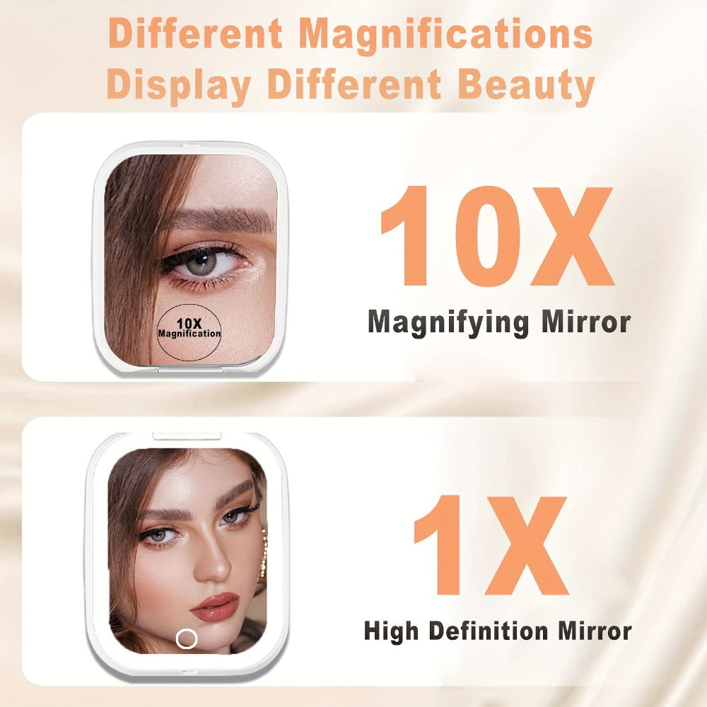 Rechargeable Pink or White LED Compact Mirror with 1X and 10X Views, Three Light Modes and Touch Dimming